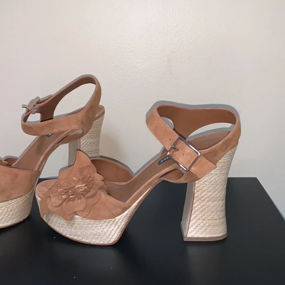 Nine West Winflower Chunky Block Heel Strappy Sandals Brown Leather - Picture 5 of 14